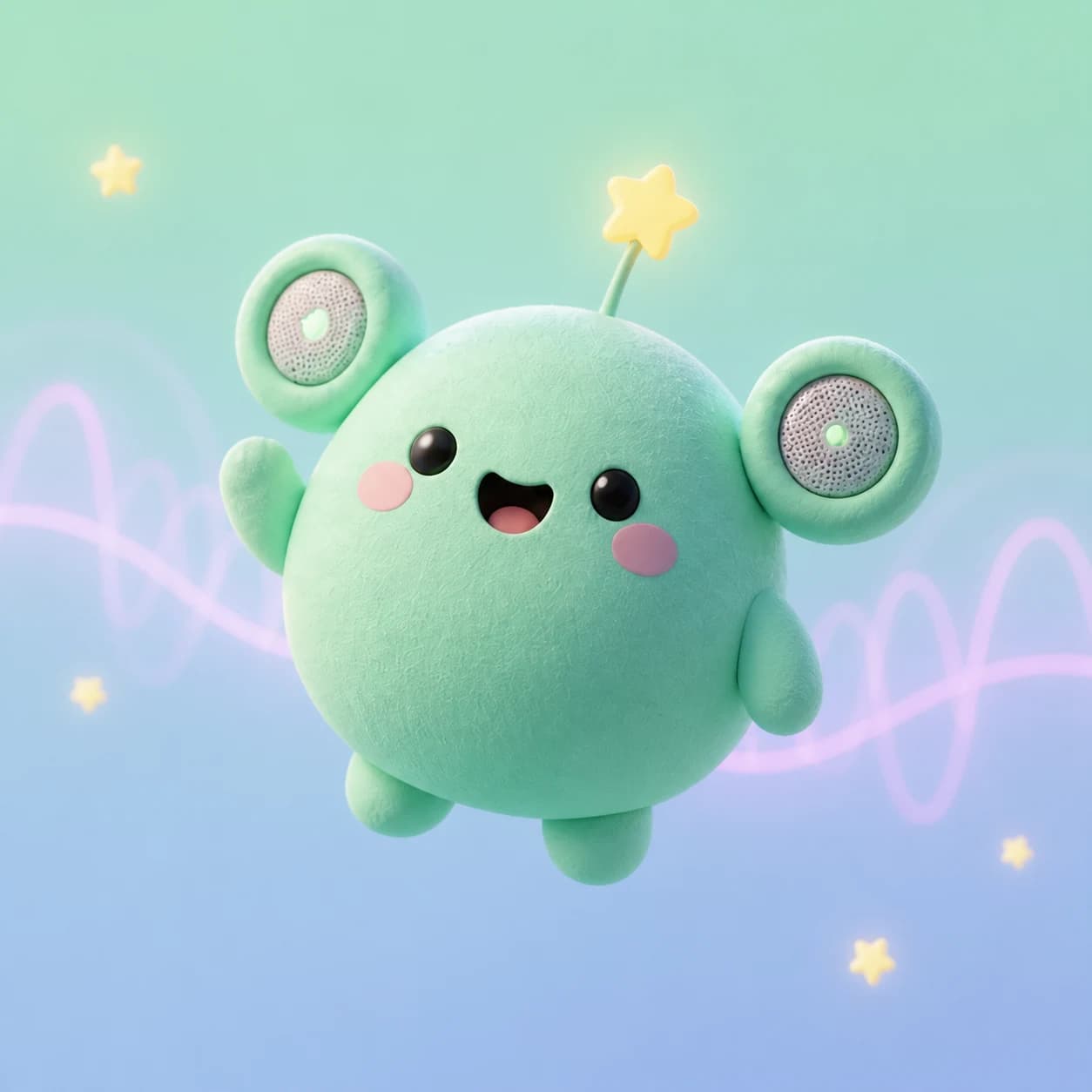 Echo Bean greeting with a round mint body and large speaker ears